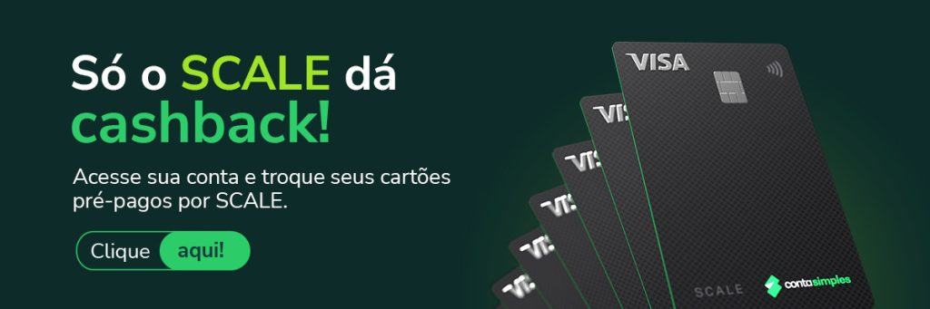 A foto é uma montagem com fundo verde escuro. Na direita está uma fileira de cartões SCALE e, na esquerda, um texto escrito só o scale dá cashback. acesse sua conta e troque seus cartões pré-pagos por scale