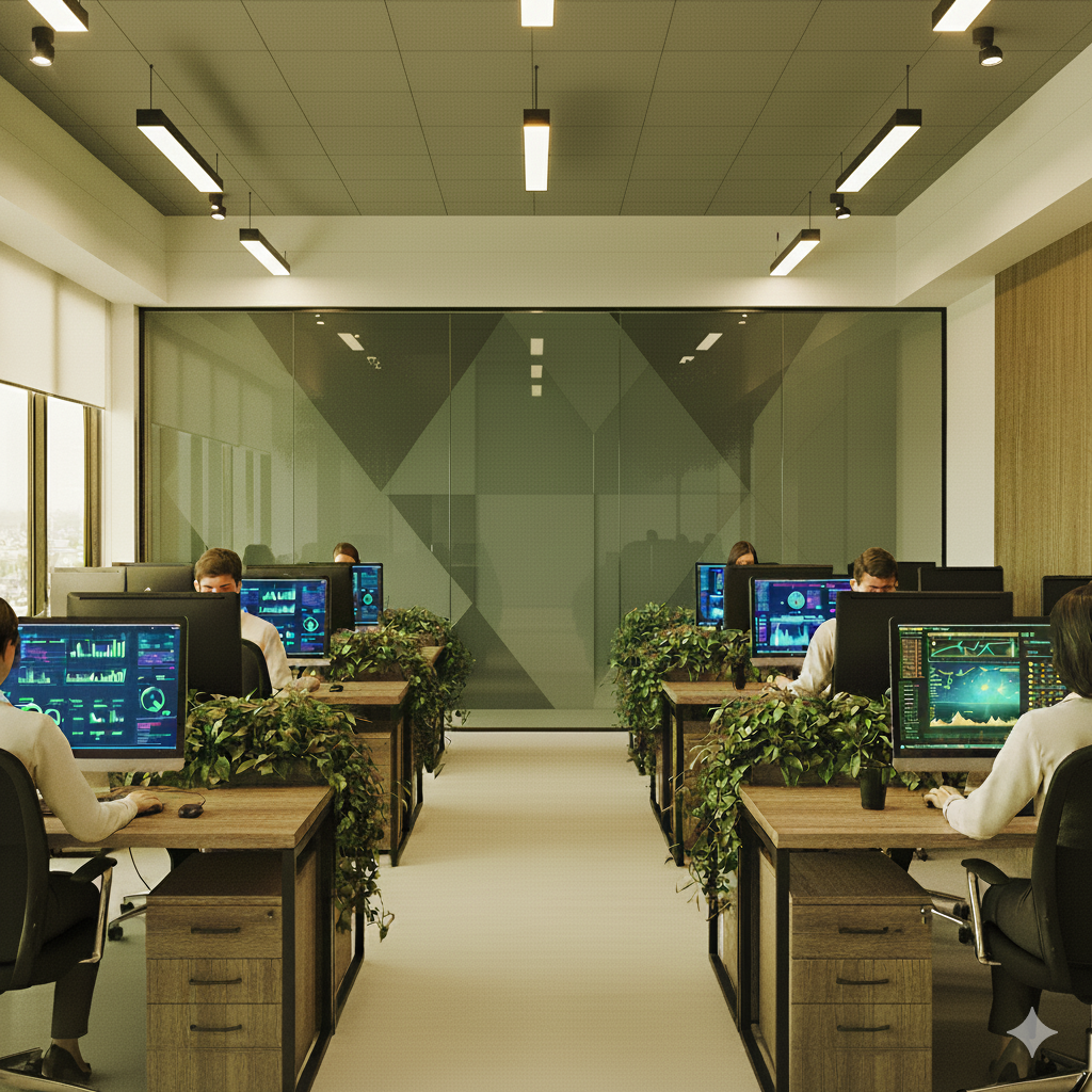 Ambiente corporativo com pessoas trabalhando em computadores, representando a organização e o controle no papel do setor financeiro da empresa