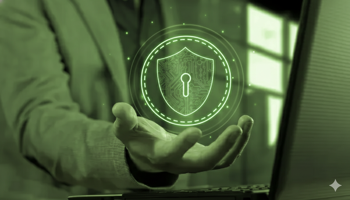 Mão segurando um ícone digital de escudo com cadeado verde, representando a LGPD no mercado financeiro e a proteção de dados em ambientes digitais.