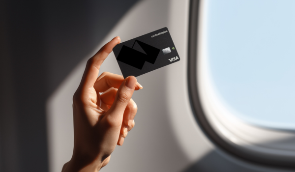Mão segurando um cartão corporativo preto da Conta Simples em frente à janela de um avião 