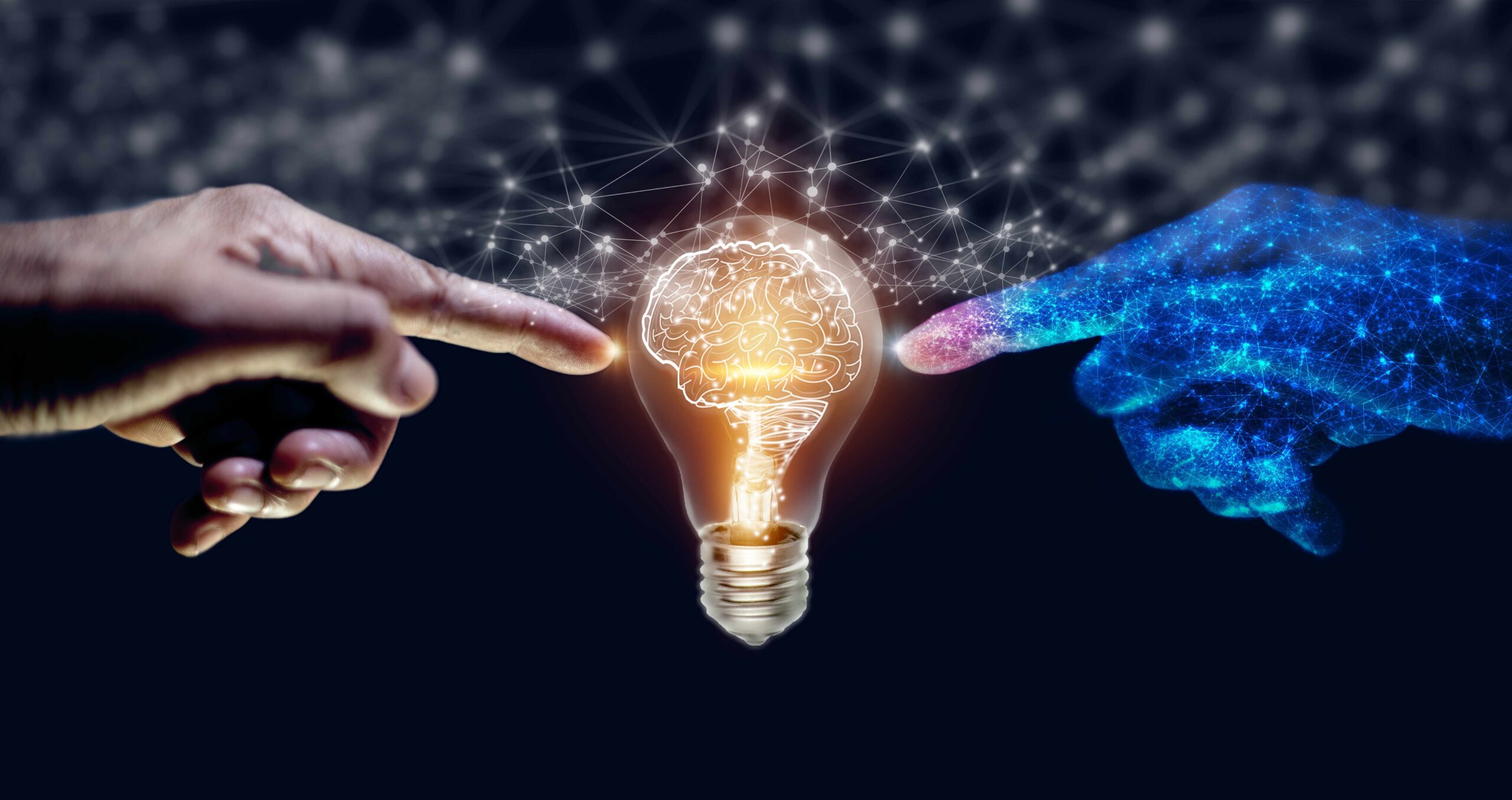 Artificial,Intelligence,(ai),Machine,Learning,,Robot,And,Human,Hands,Touching